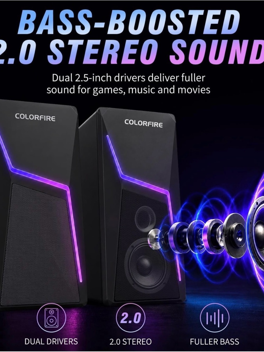 COLORFIRE RGB Gaming Speakers - Black with Purple LED Accent